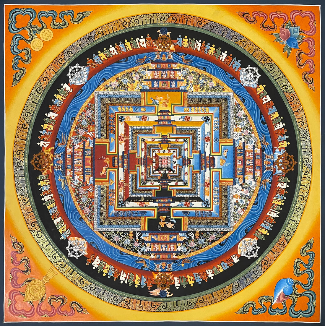 Kalachakra Mandala thangka, 55×55 cm: Kalachakra palace mandala on orange glowing golden-yellow, with offerings in the corners