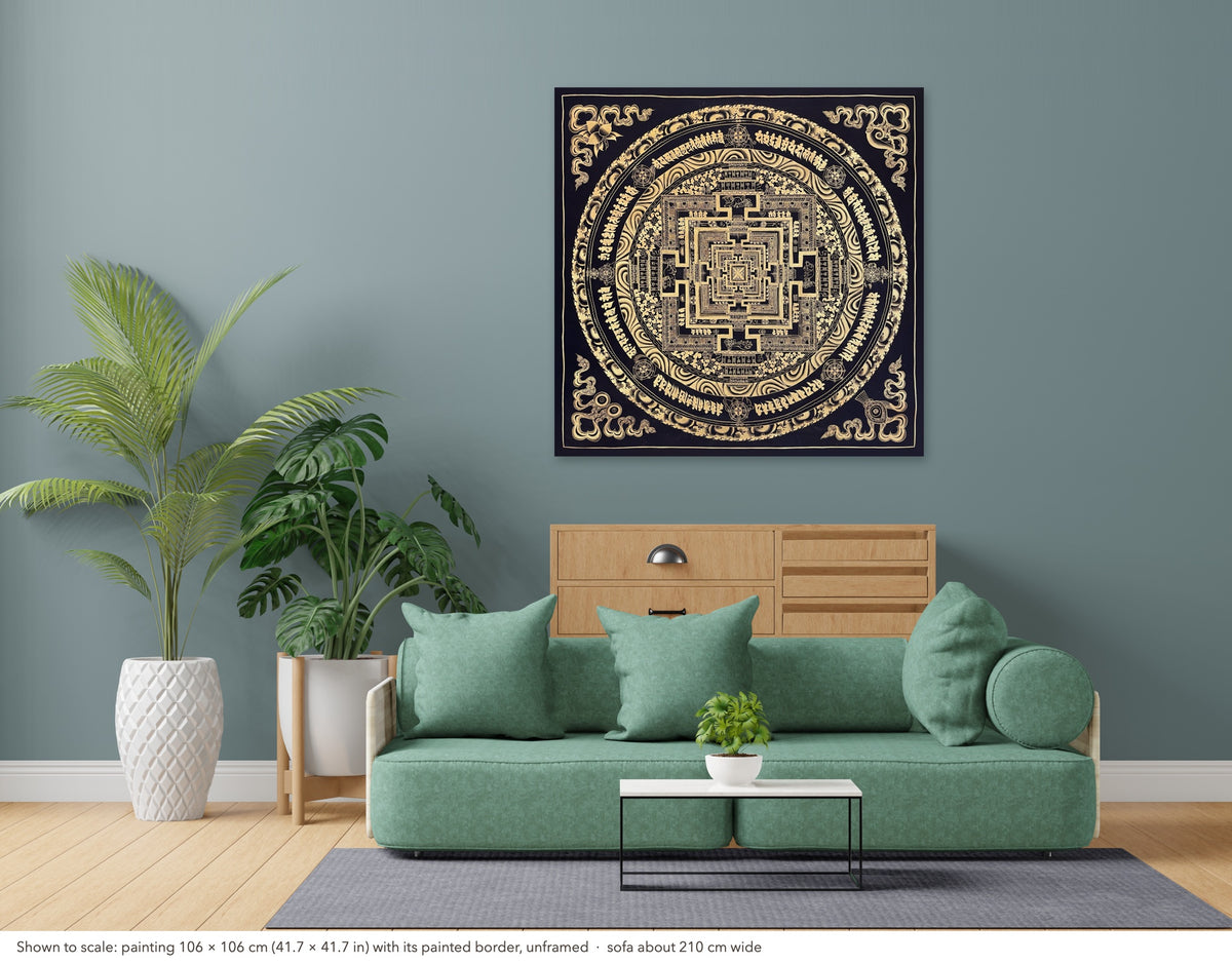 Kalachakra Mandala thangka shown to scale in a living room, unframed, above a sofa about 210 cm wide (106×106 cm)