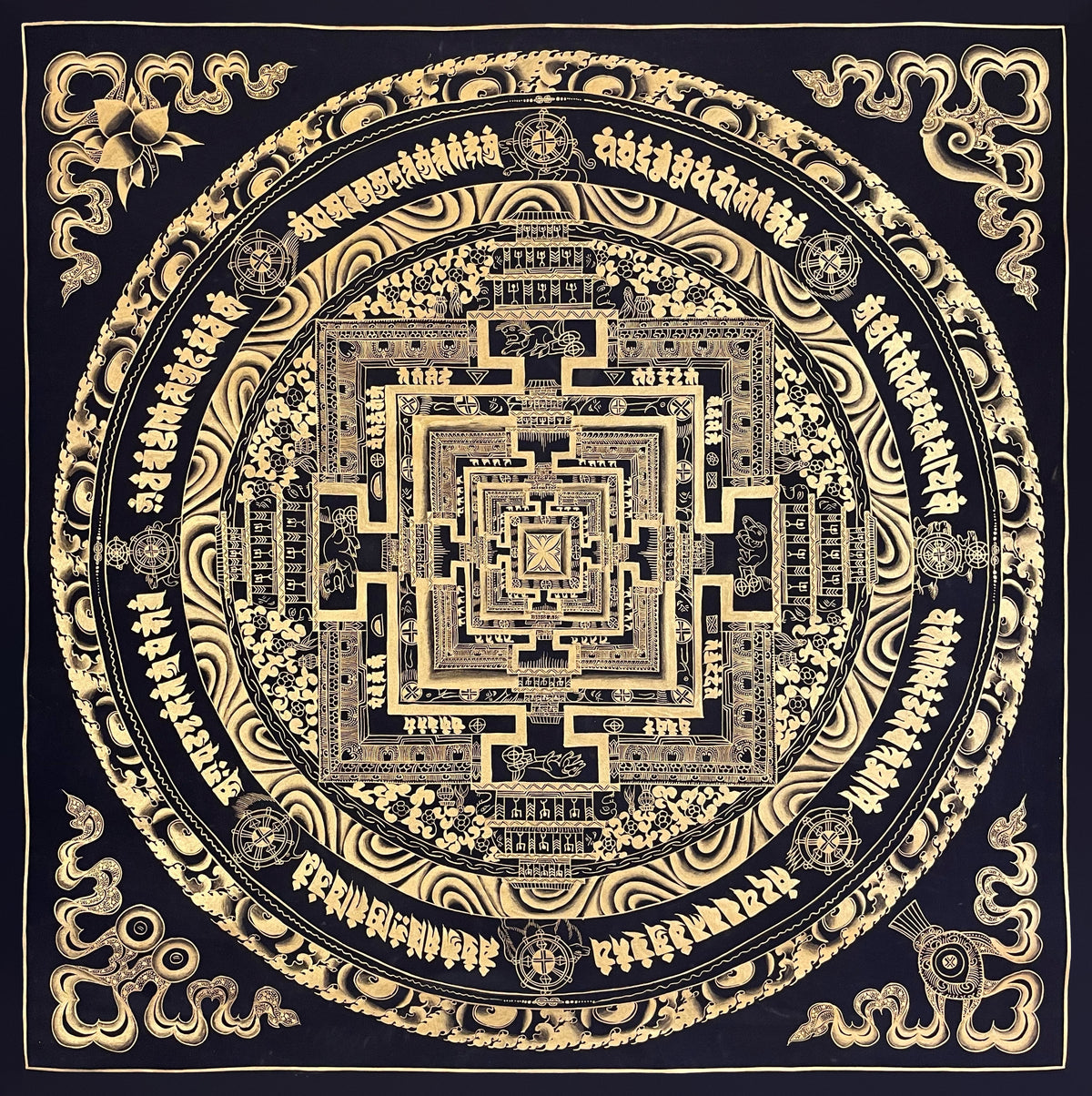 Kalachakra Mandala thangka, 106×106 cm: Kalachakra palace mandala drawn entirely in gold-coloured line work on black
