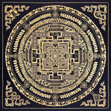 Kalachakra Mandala thangka, 106×106 cm: Kalachakra palace mandala drawn entirely in gold-coloured line work on black
