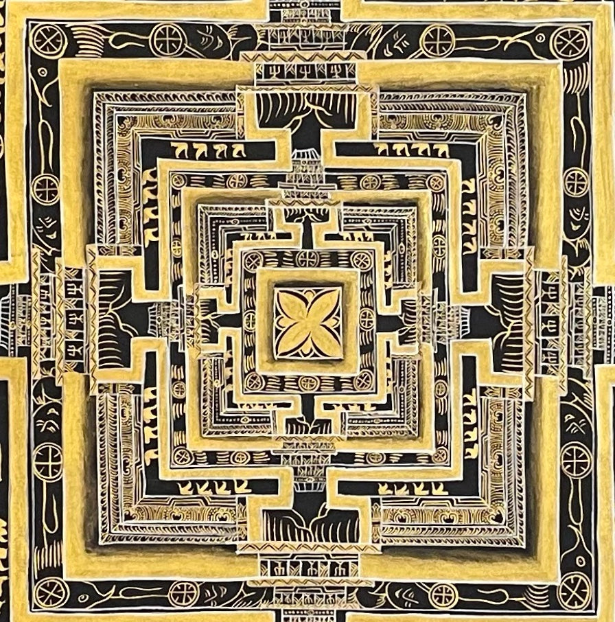 Kalachakra Mandala thangka, 107×107 cm: Kalachakra palace mandala in gold-coloured and silver-coloured line work on black