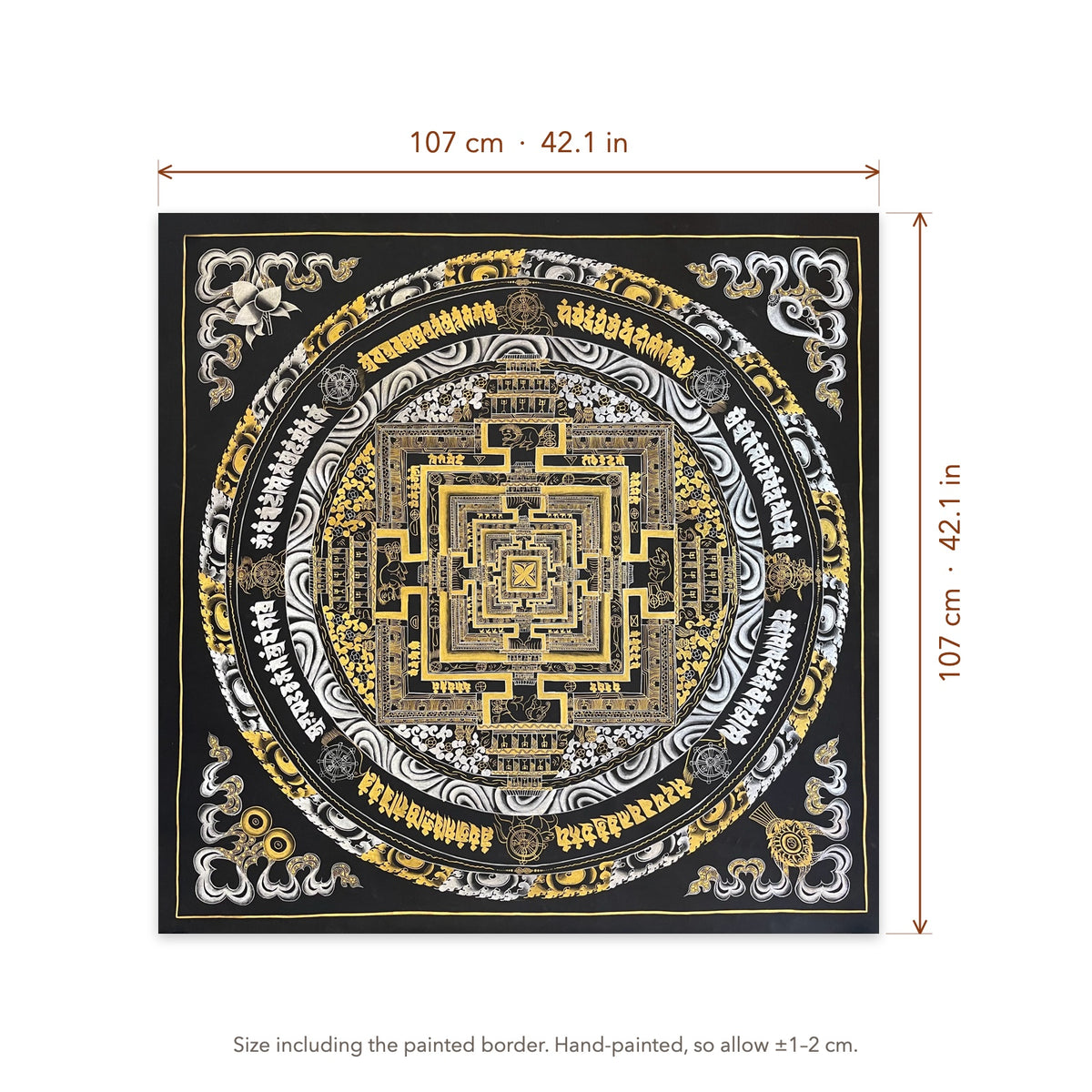 Size diagram: 107 × 107 cm (42.1 × 42.1 in), including the painted border