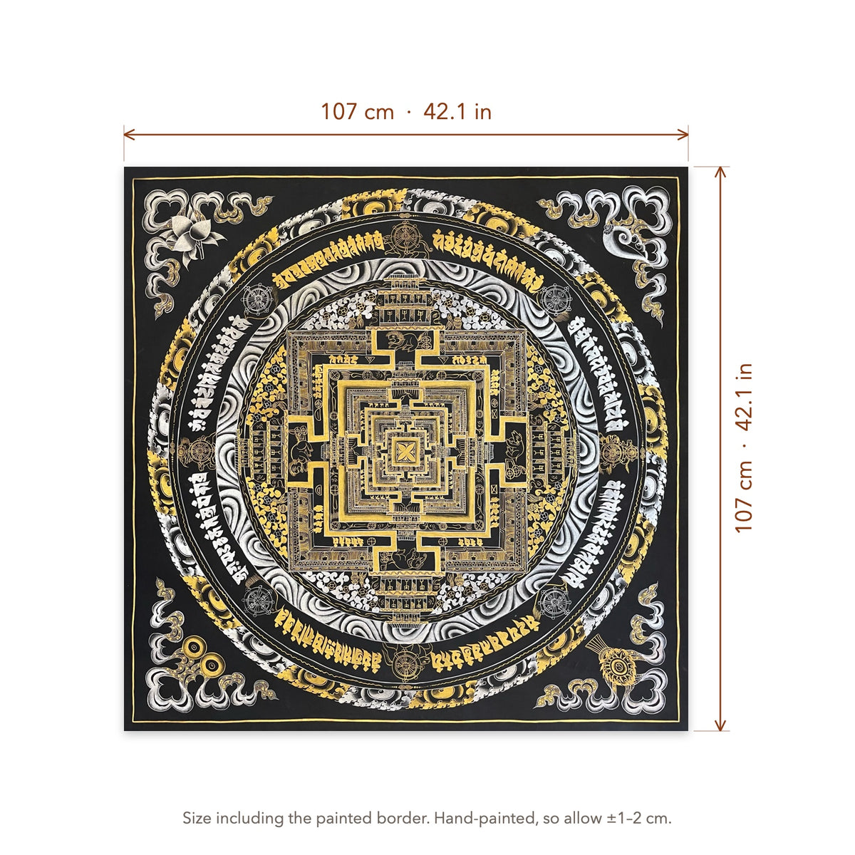 Size diagram: 107 × 107 cm (42.1 × 42.1 in), including the painted border