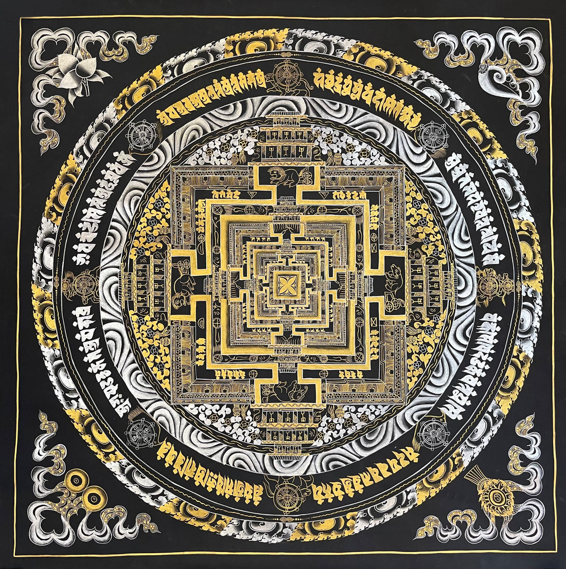 Kalachakra Mandala thangka, 107×107 cm: Kalachakra palace mandala in gold-coloured and silver-coloured line work on black