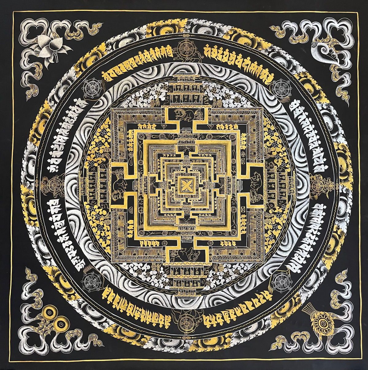 Kalachakra Mandala thangka, 107×107 cm: Kalachakra palace mandala in gold-coloured and silver-coloured line work on black