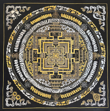 Kalachakra Mandala thangka, 107×107 cm: Kalachakra palace mandala in gold-coloured and silver-coloured line work on black