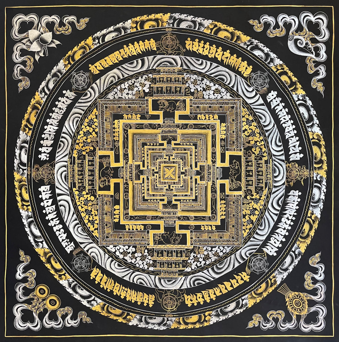 Kalachakra Mandala thangka, 107×107 cm: Kalachakra palace mandala in gold-coloured and silver-coloured line work on black
