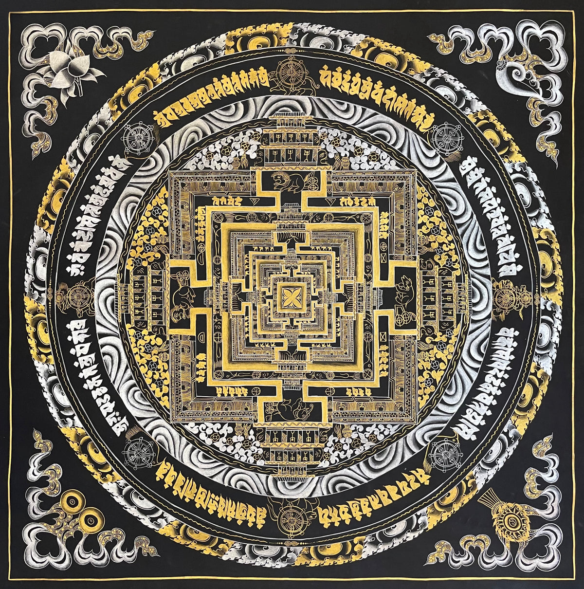 Kalachakra Mandala thangka, 107×107 cm: Kalachakra palace mandala in gold-coloured and silver-coloured line work on black