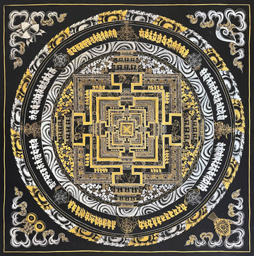 Kalachakra Mandala thangka, 107×107 cm: Kalachakra palace mandala in gold-coloured and silver-coloured line work on black