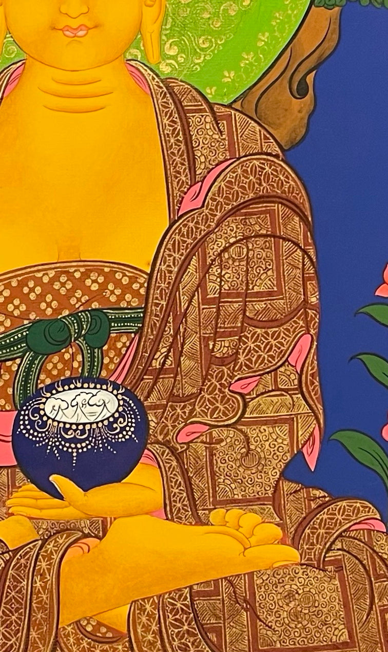 Shakyamuni Buddha thangka, 59×80 cm: Shakyamuni touching the earth on a red lotus under a tree, on a deep blue ground