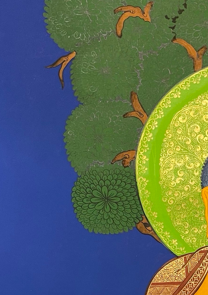 Shakyamuni Buddha thangka, detail: top-left corner