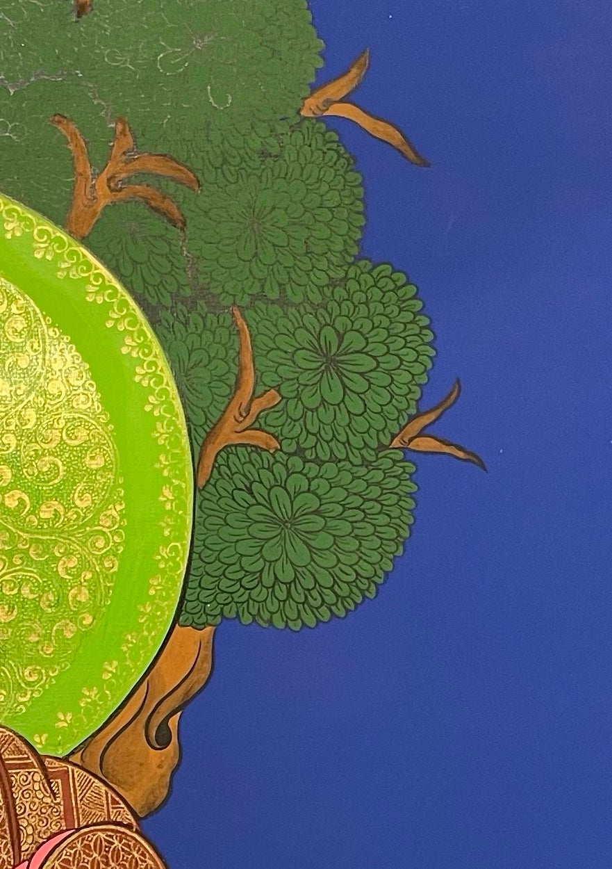 Shakyamuni Buddha thangka, detail: top-right corner