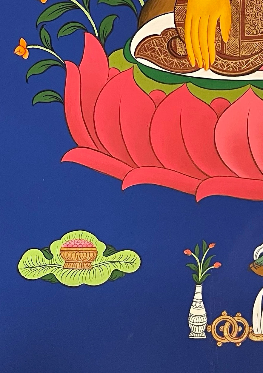 Shakyamuni Buddha thangka, detail: bottom-left corner