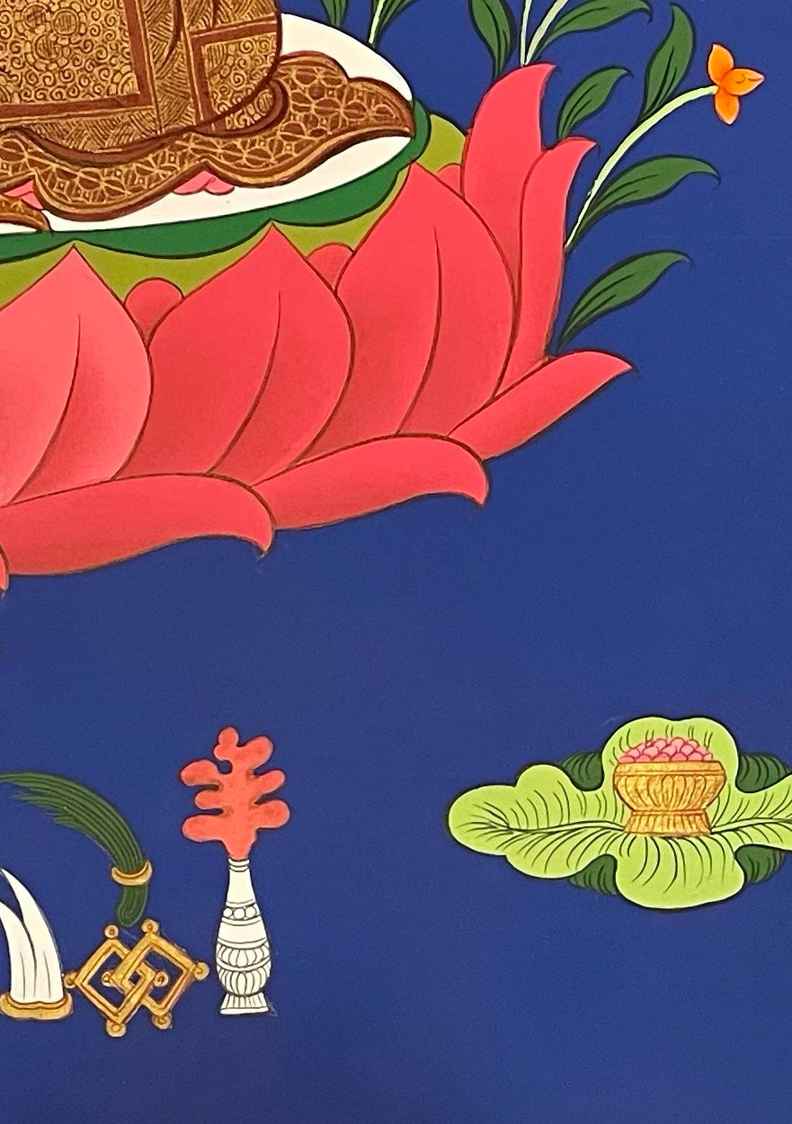 Shakyamuni Buddha thangka, detail: bottom-right corner