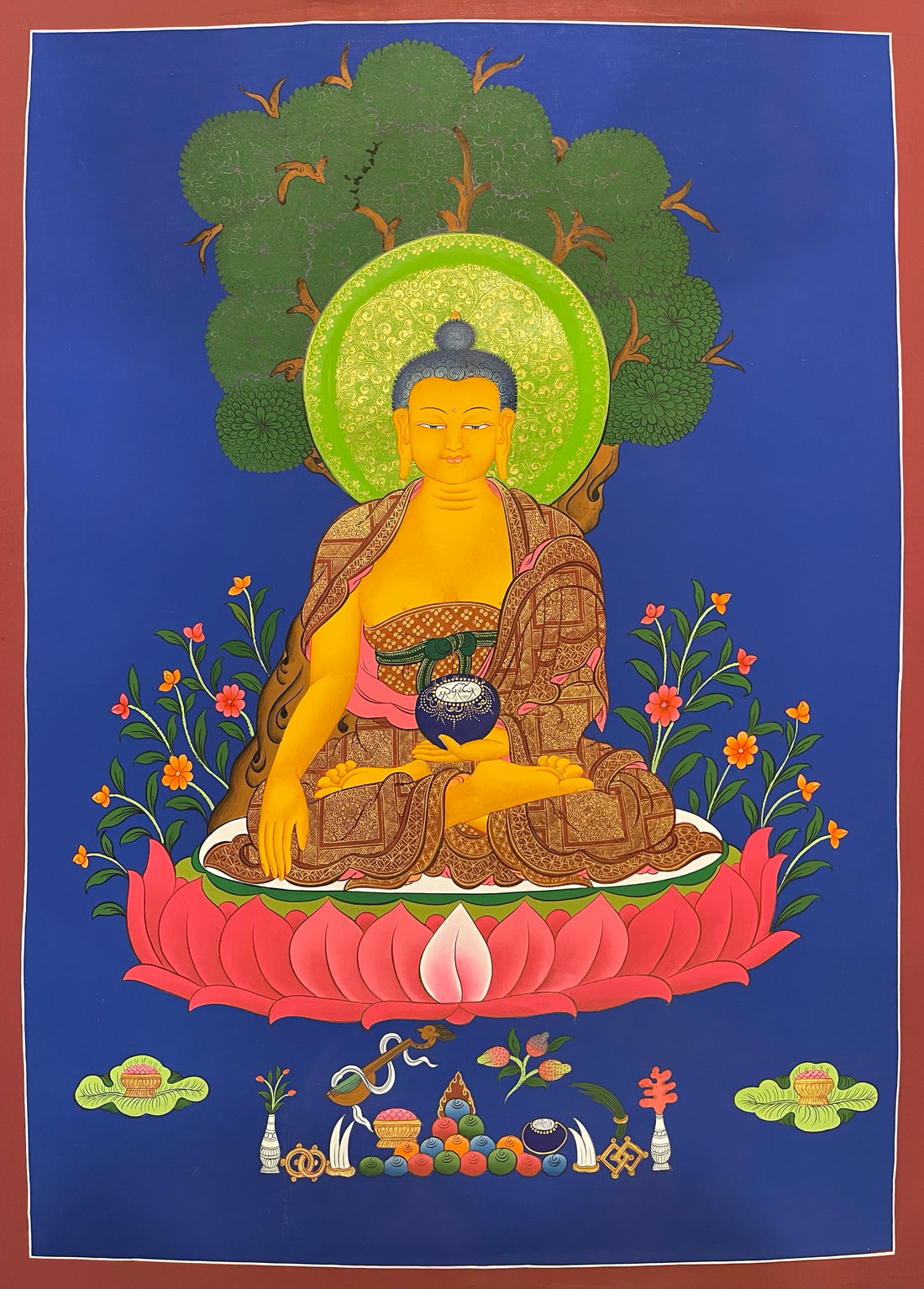 Shakyamuni Buddha thangka, 59×80 cm: Shakyamuni touching the earth on a red lotus under a tree, on a deep blue ground