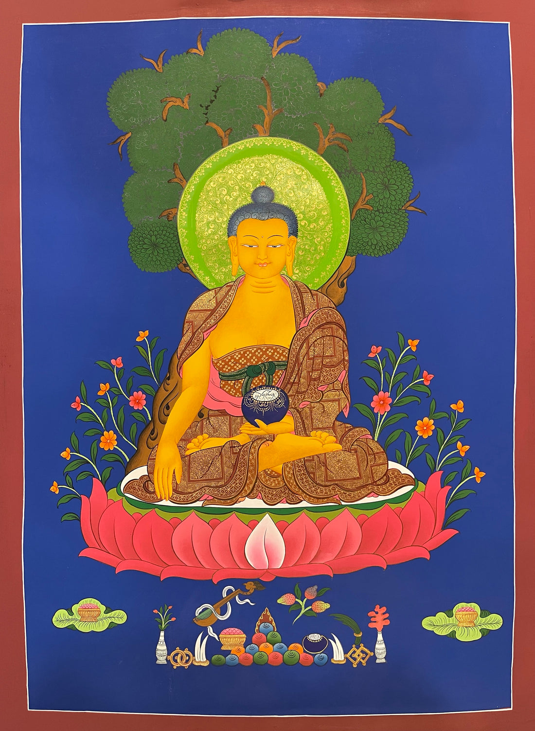 Shakyamuni Buddha thangka, 59×80 cm: Shakyamuni touching the earth on a red lotus under a tree, on a deep blue ground