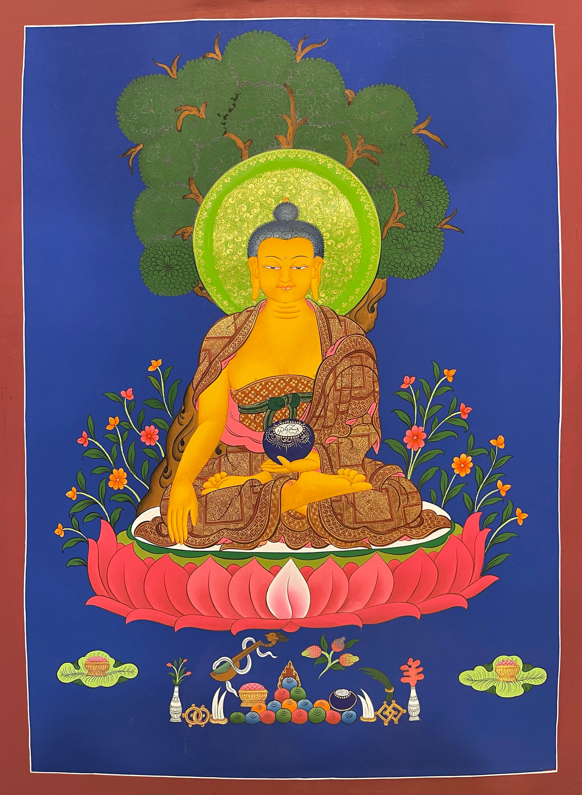 Shakyamuni Buddha thangka, 59×80 cm: Shakyamuni touching the earth on a red lotus under a tree, on a deep blue ground