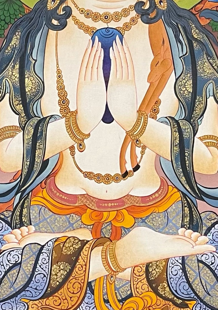 Chenrezig thangka, 59×85 cm: four-armed Chenrezig on a large pink lotus under a tree, with cranes, deer and offerings below