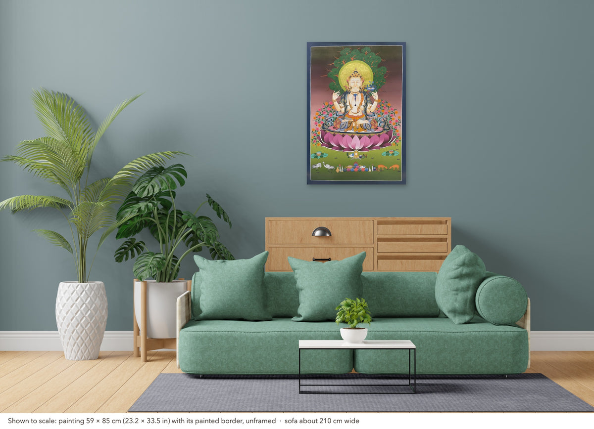 Chenrezig thangka shown to scale in a living room, unframed, above a sofa about 210 cm wide (59×85 cm)