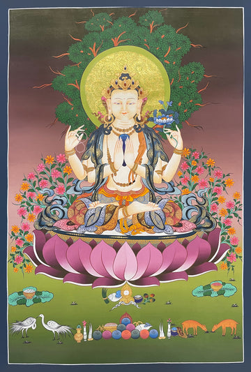 Chenrezig thangka, 59×85 cm: four-armed Chenrezig on a large pink lotus under a tree, with cranes, deer and offerings below