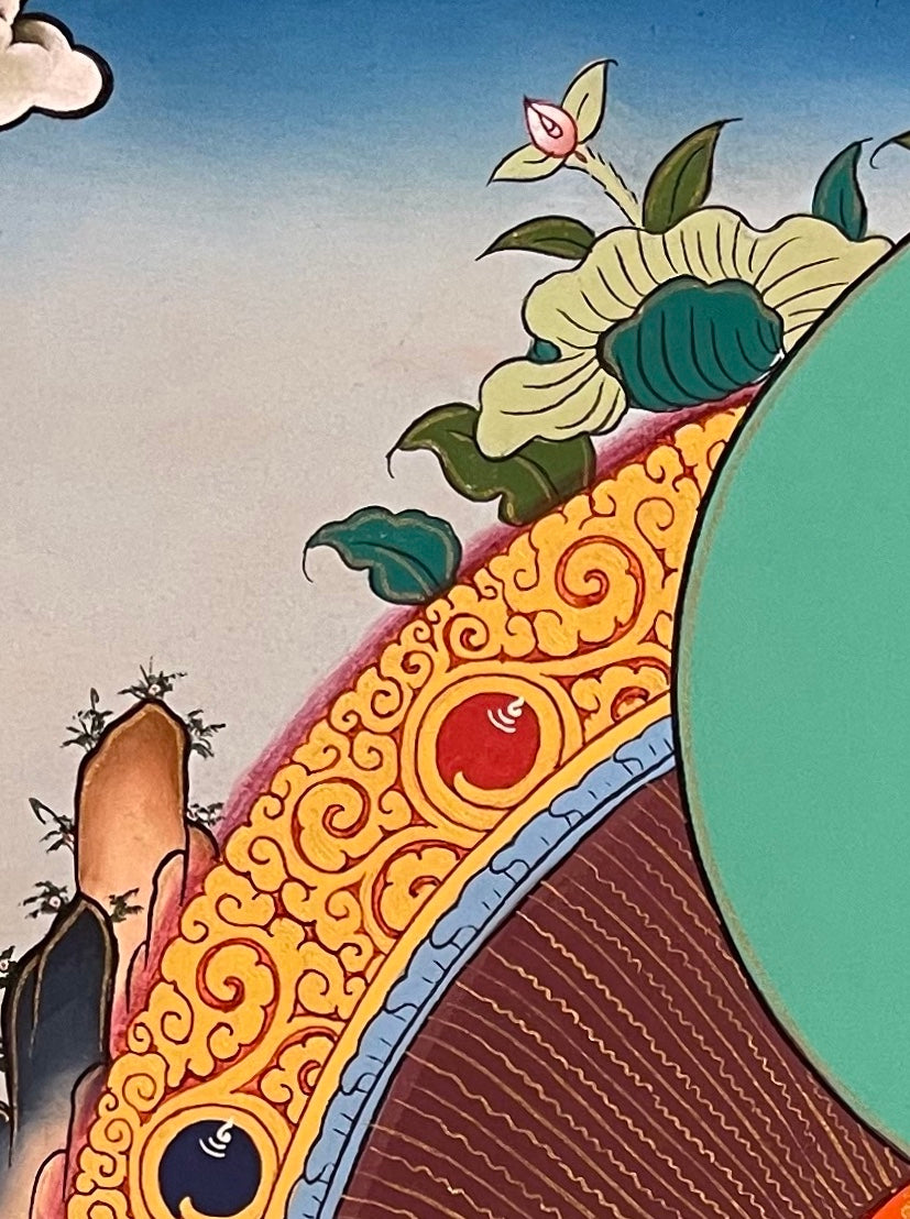 Medicine Buddha thangka, detail: top-left corner