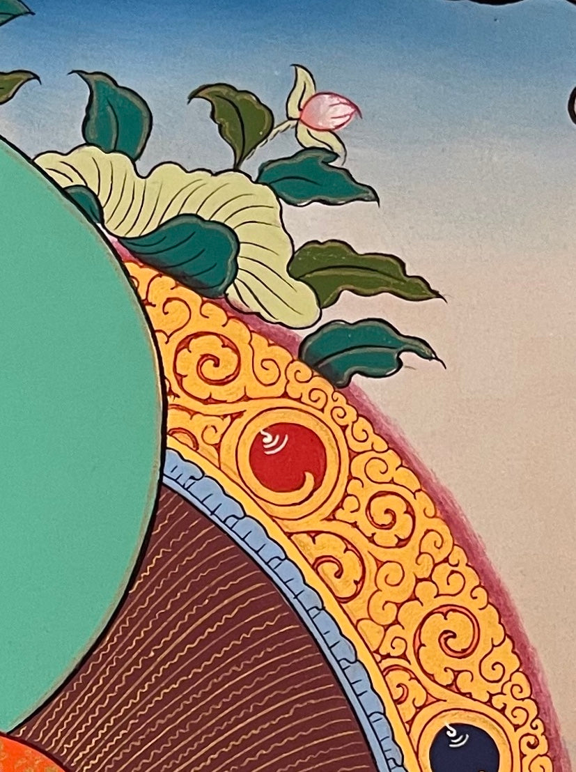 Medicine Buddha thangka, detail: top-right corner