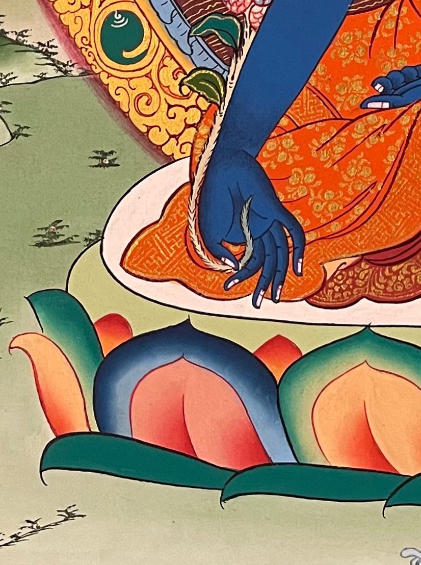 Medicine Buddha thangka, detail: bottom-left corner