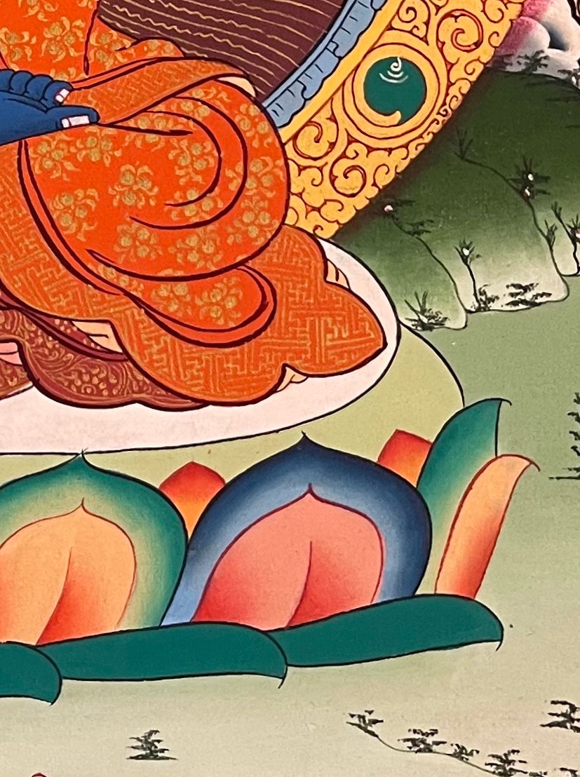 Medicine Buddha thangka, detail: bottom-right corner