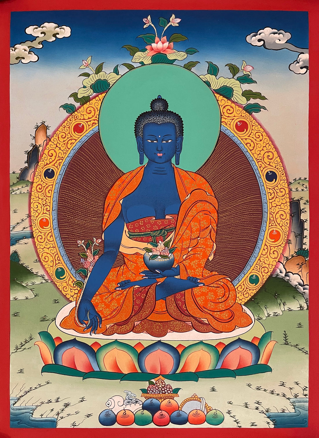 Medicine Buddha thangka, 42×58 cm: blue Medicine Buddha holding a bowl, in an aureole of gold-coloured rays