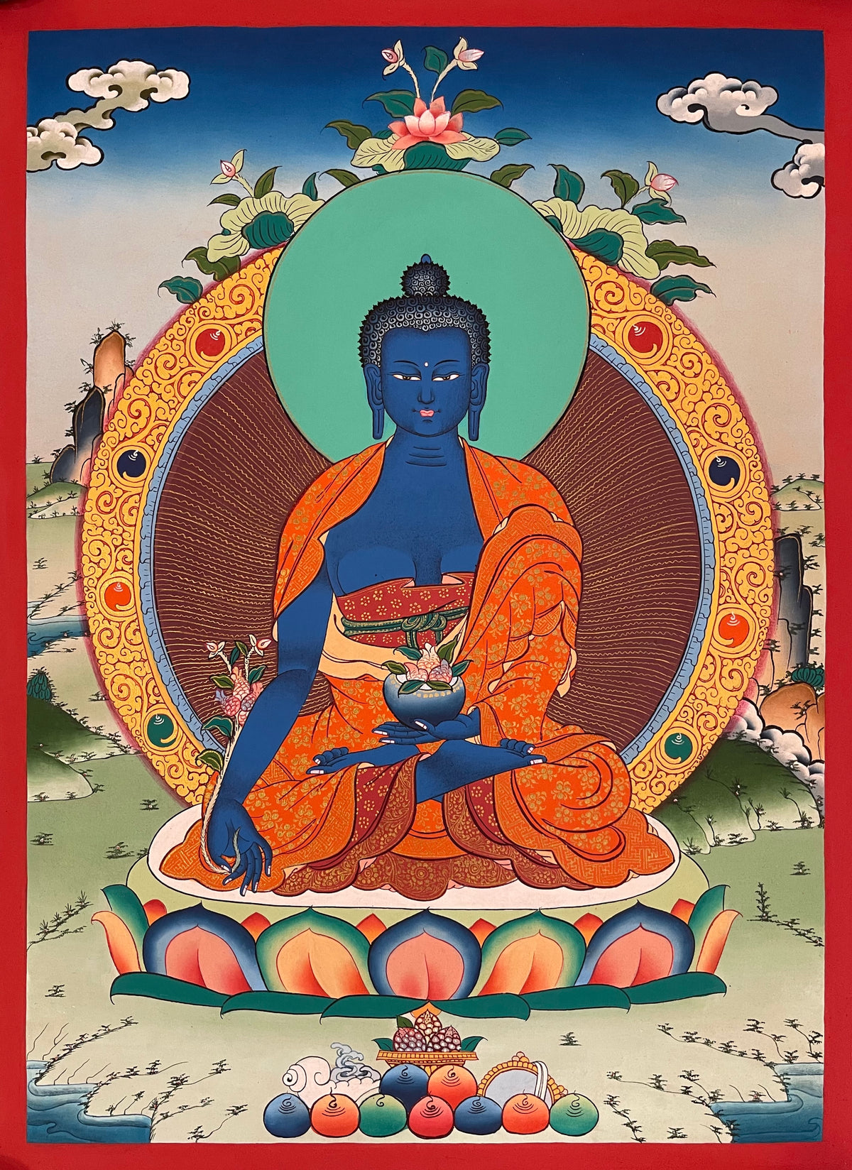 Medicine Buddha thangka, 42×58 cm: blue Medicine Buddha holding a bowl, in an aureole of gold-coloured rays
