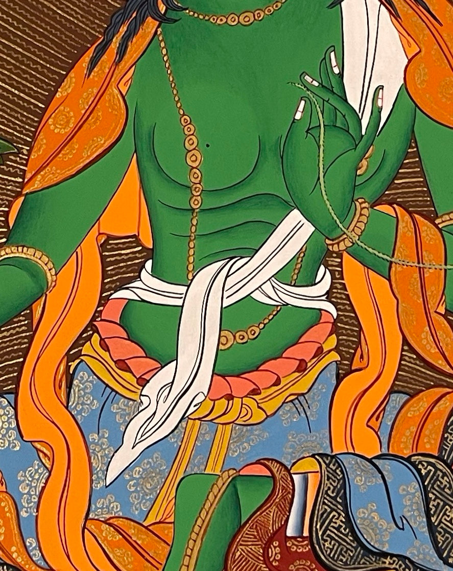 Green Tara thangka, 42×58 cm: Green Tara on a lotus, one foot stepping down, with peonies, snow peaks and a stream