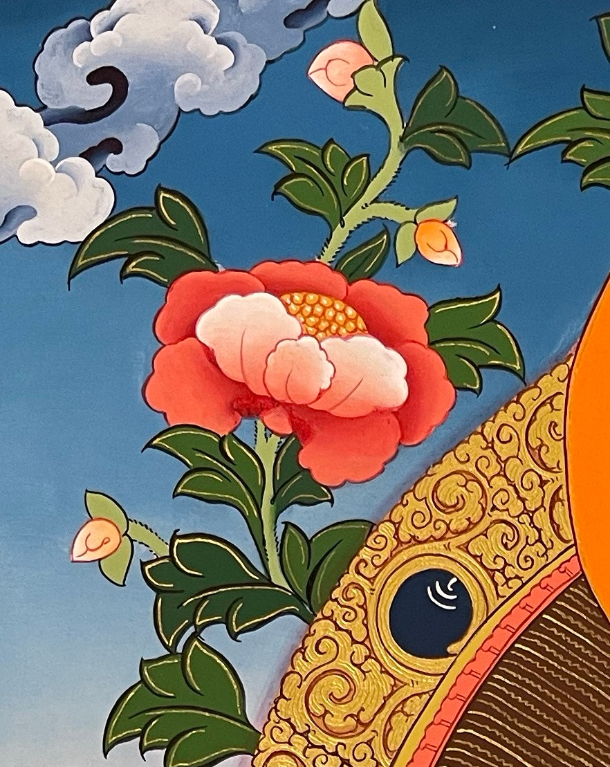 Green Tara thangka, detail: top-left corner