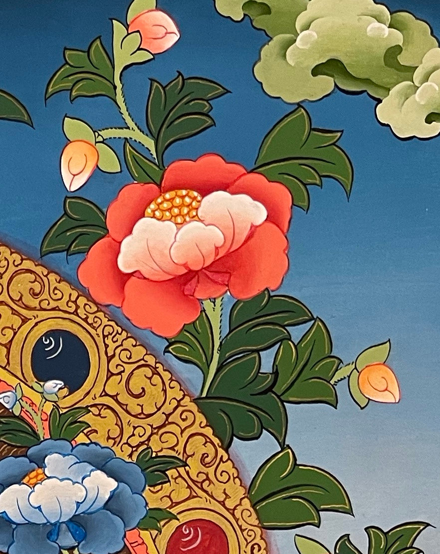 Green Tara thangka, detail: top-right corner
