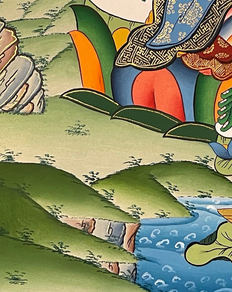 Green Tara thangka, detail: bottom-left corner