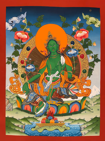 Green Tara thangka, 42×58 cm: Green Tara on a lotus, one foot stepping down, with peonies, snow peaks and a stream