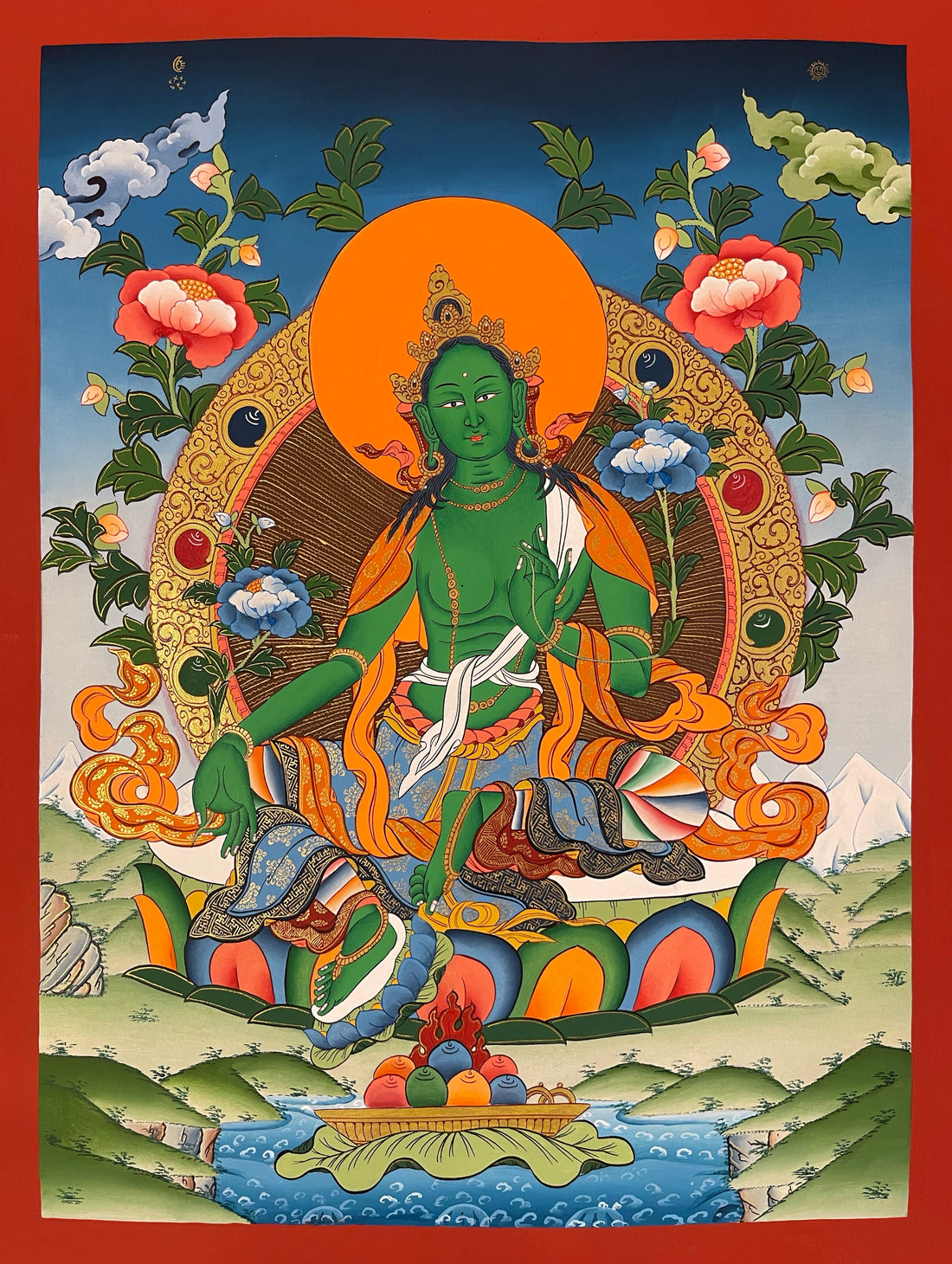 Green Tara thangka, 42×58 cm: Green Tara on a lotus, one foot stepping down, with peonies, snow peaks and a stream