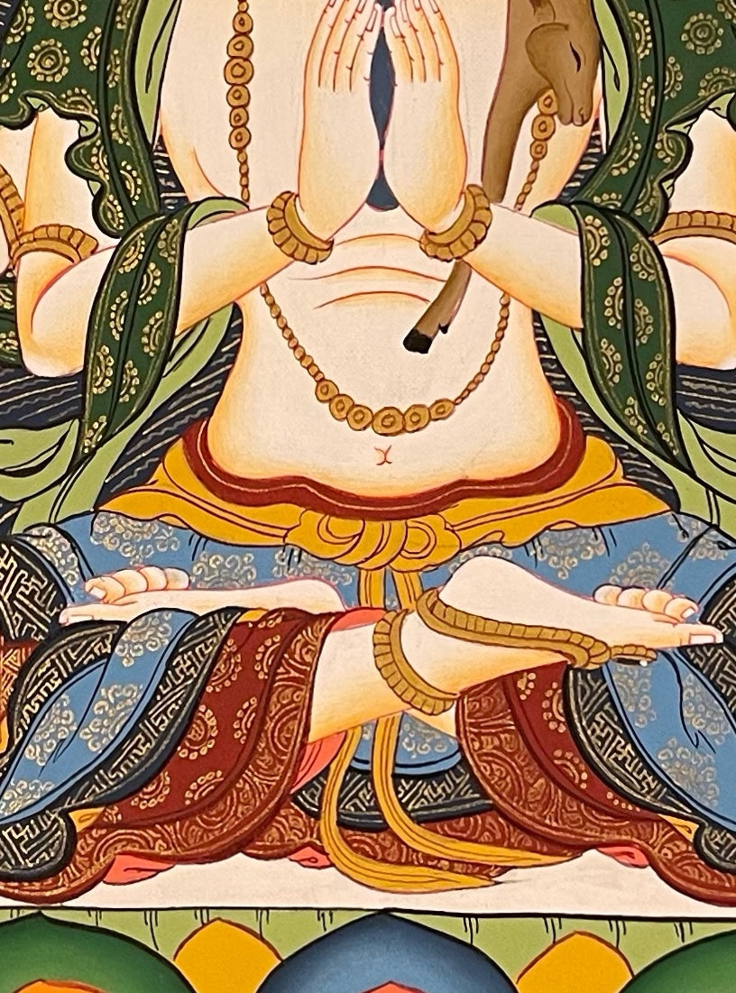 Chenrezig thangka, 39×57 cm: four-armed Chenrezig on a lotus between peonies, above green hills and a stream