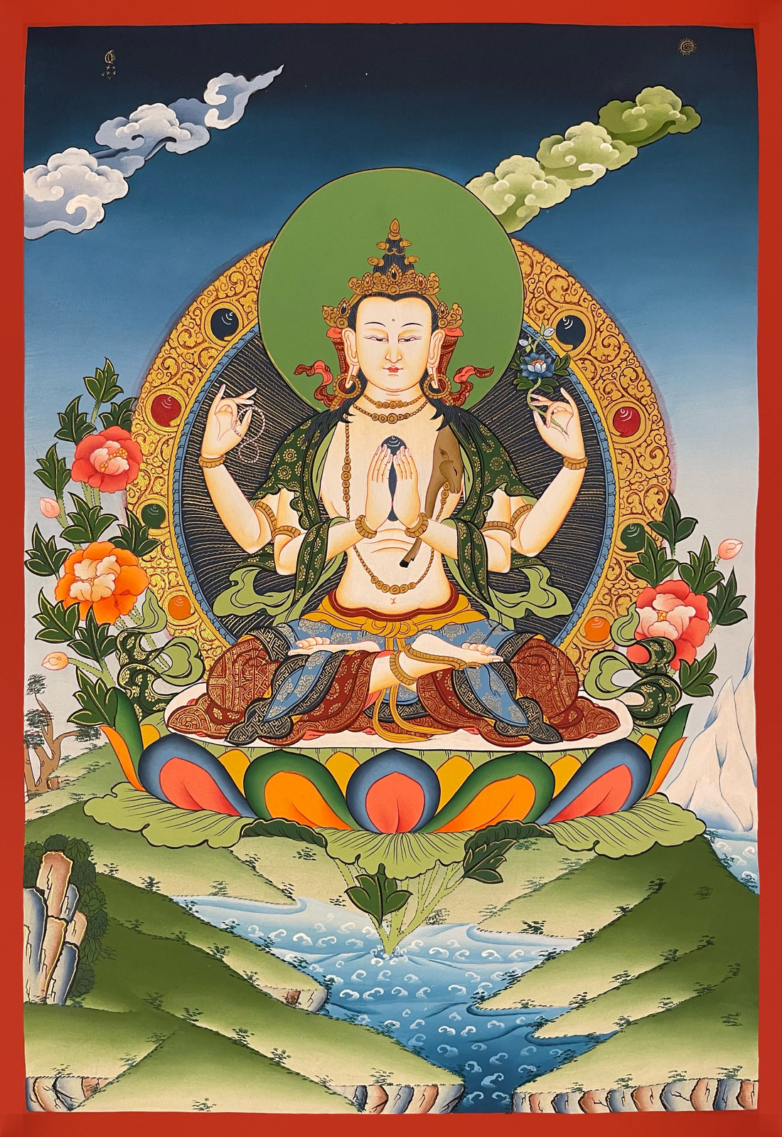 Chenrezig thangka, 39×57 cm: four-armed Chenrezig on a lotus between peonies, above green hills and a stream