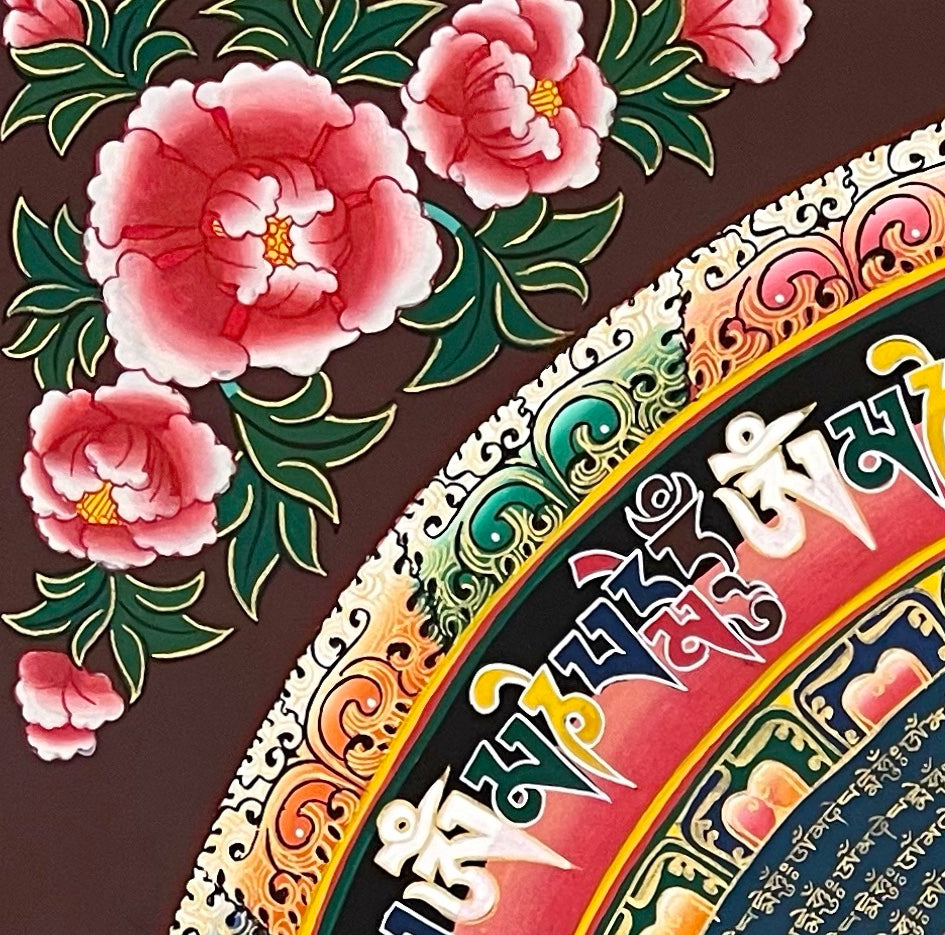 Mantra Mandala thangka, detail: top-left corner