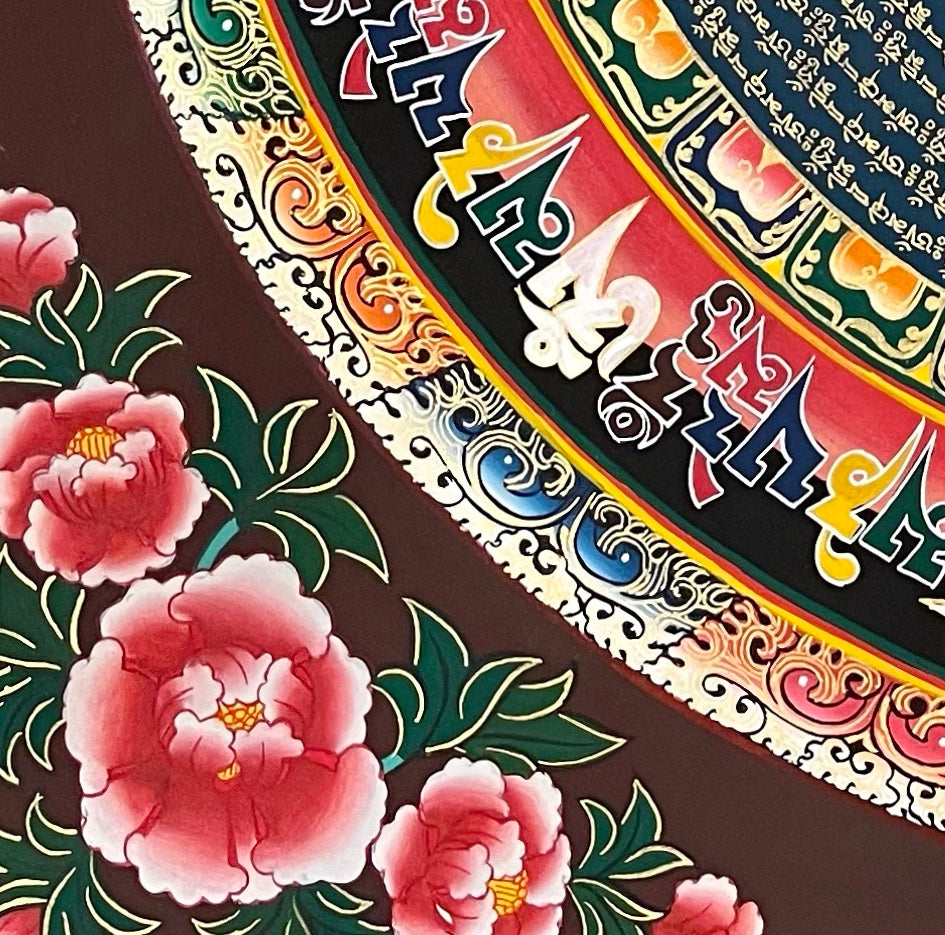 Mantra Mandala thangka, detail: bottom-left corner