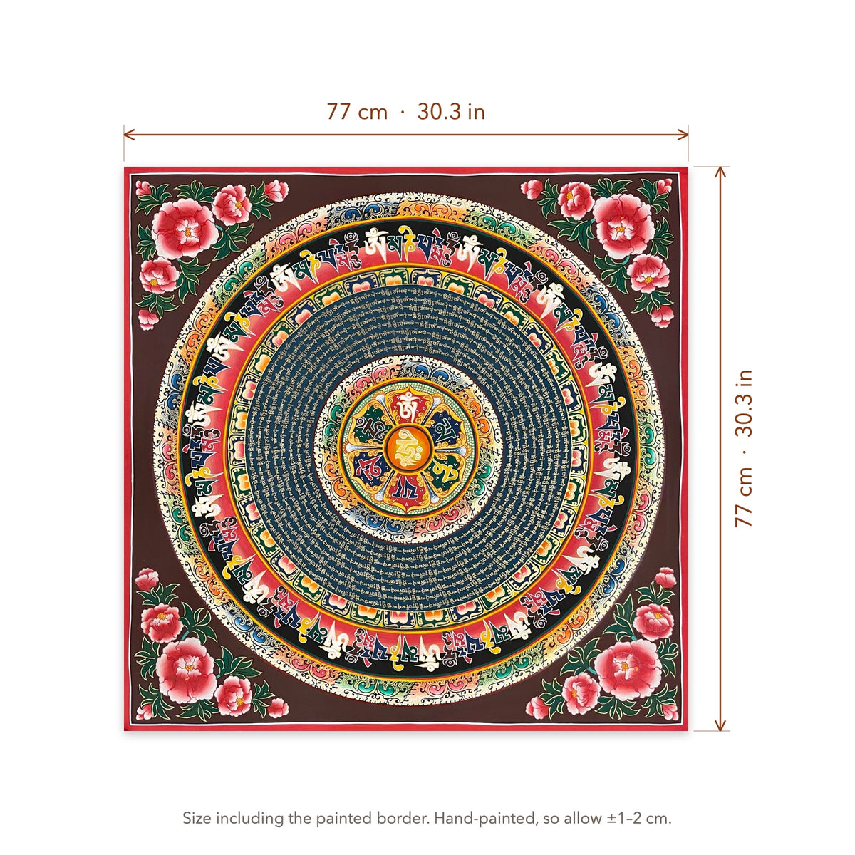 Size diagram: 77 × 77 cm (30.3 × 30.3 in), including the painted border