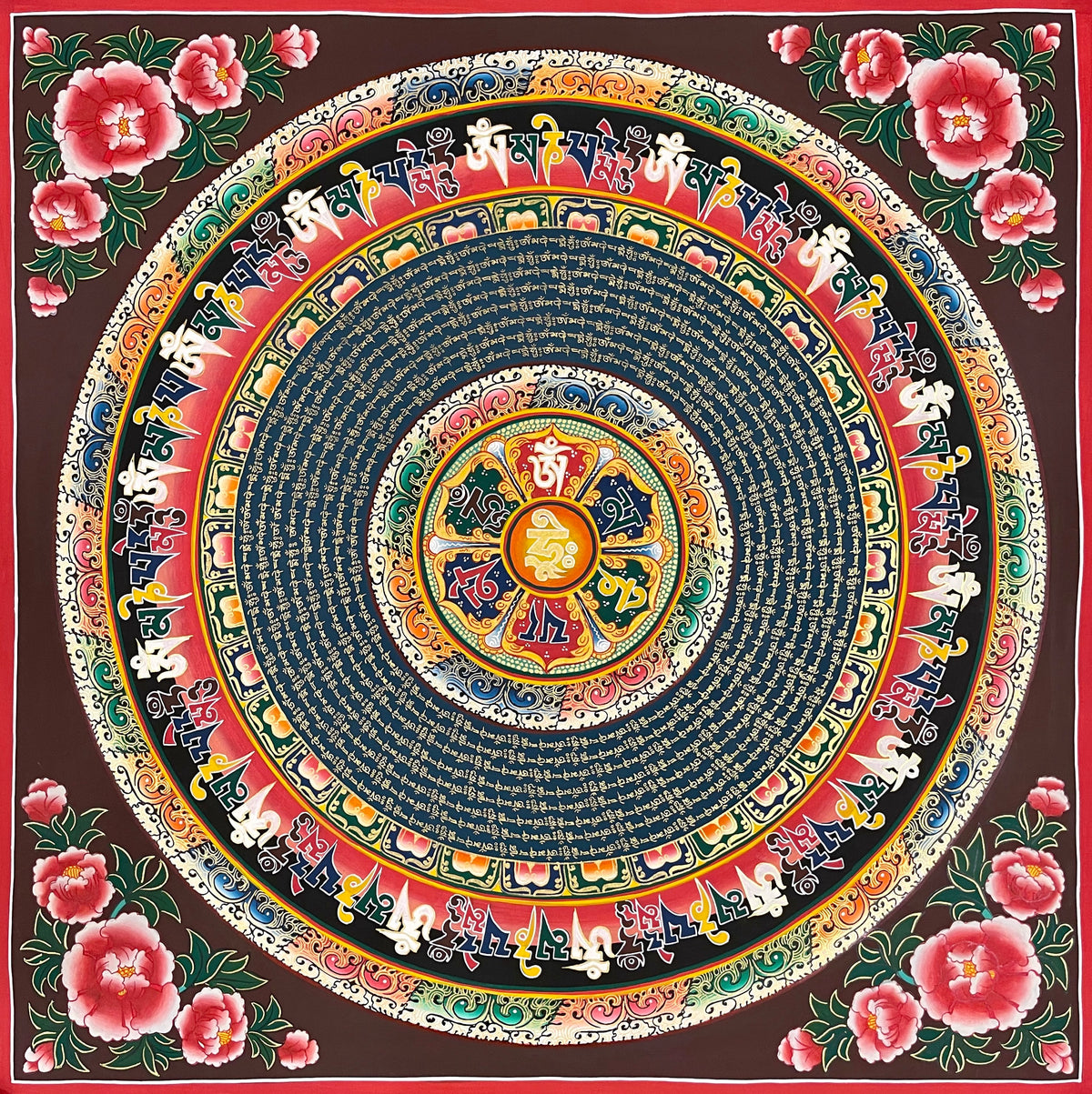 Mantra Mandala thangka, 77×77 cm: rings of gold-coloured mantra script around a central Hrih, ringed by Om Mani Padme Hum in large letters