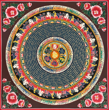 Mantra Mandala thangka, 77×77 cm: rings of gold-coloured mantra script around a central Hrih, ringed by Om Mani Padme Hum in large letters