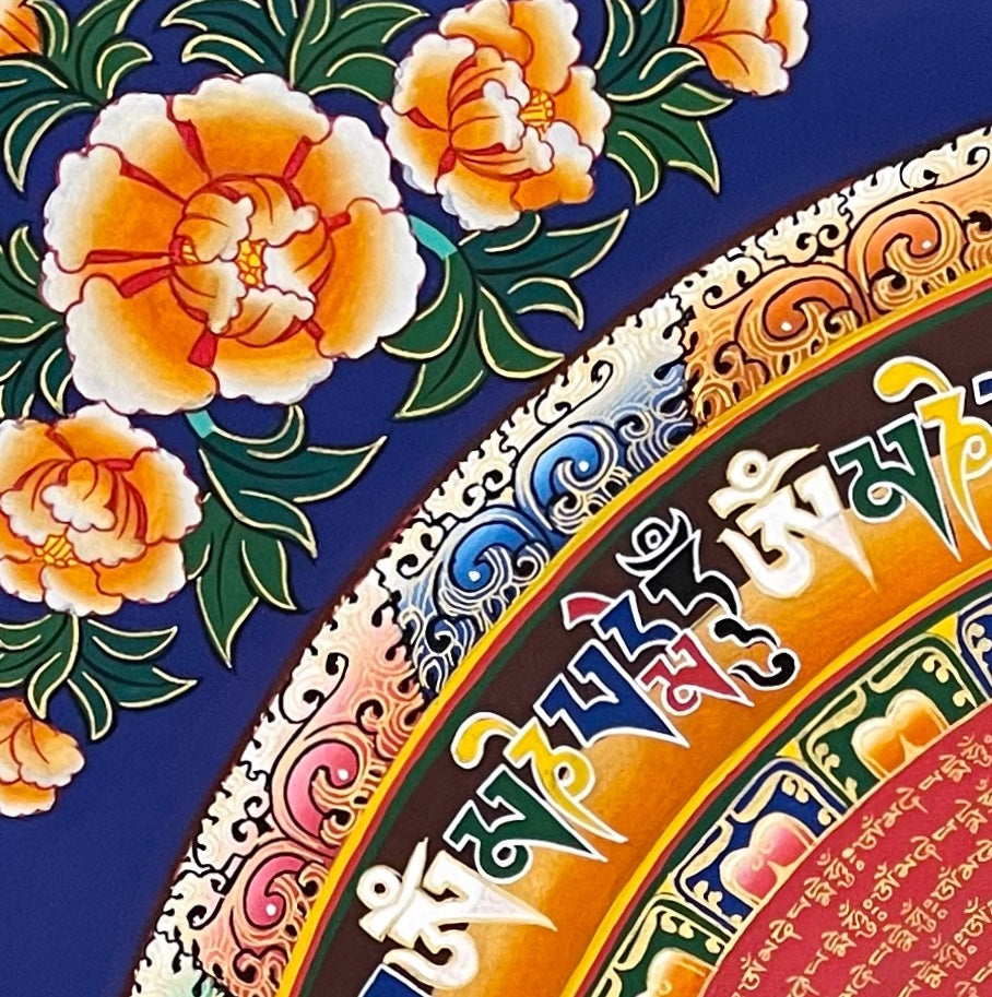 Mantra Mandala thangka, detail: top-left corner
