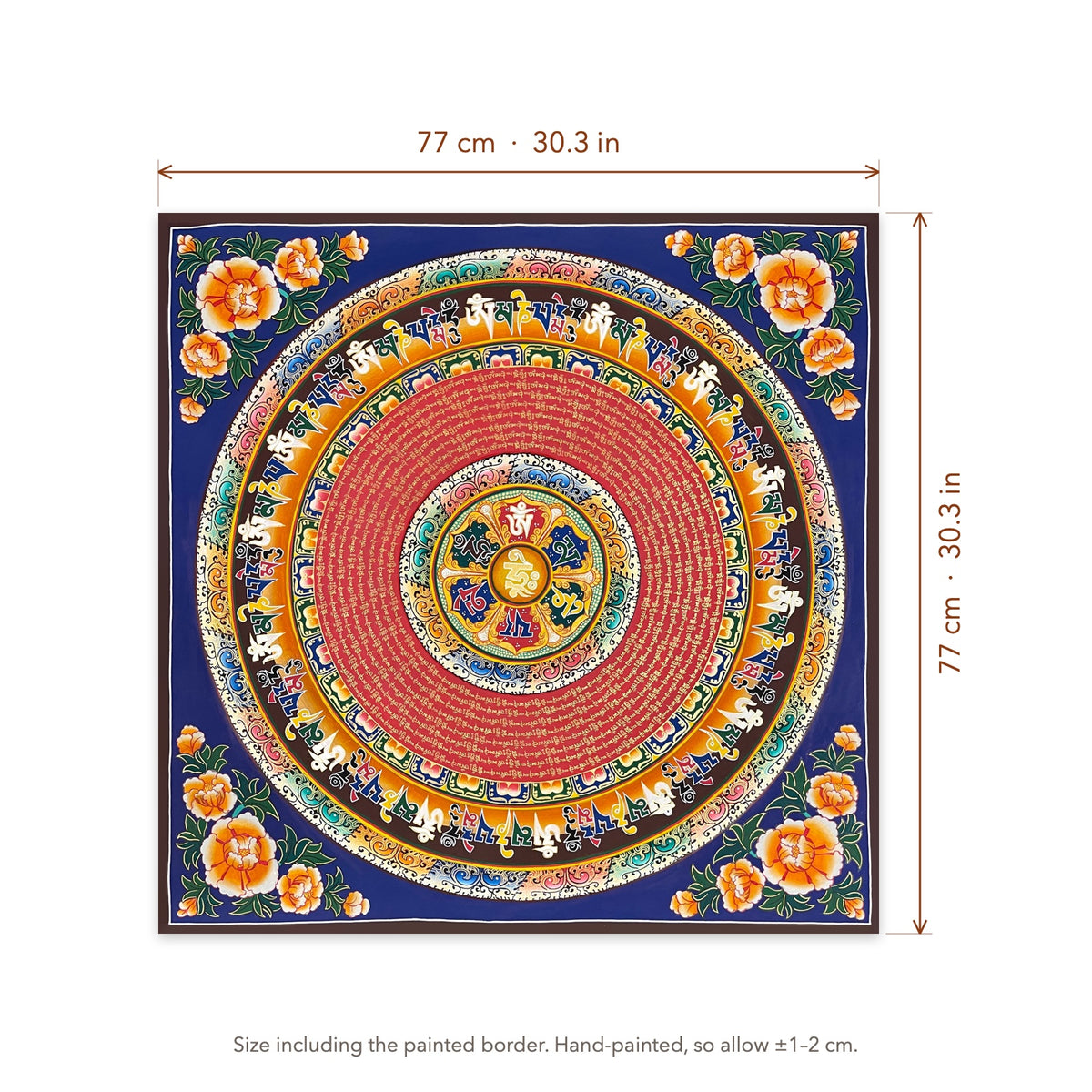 Size diagram: 77 × 77 cm (30.3 × 30.3 in), including the painted border