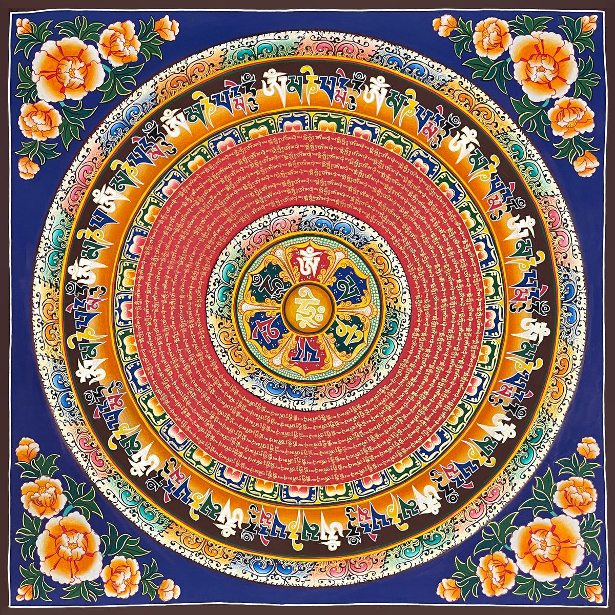 Mantra Mandala thangka, 77×77 cm: rings of gold-coloured mantra script on red around a central Hrih, ringed by Om Mani Padme Hum in large letters