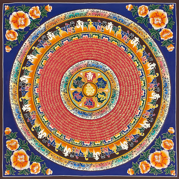 Mantra Mandala thangka, 77×77 cm: rings of gold-coloured mantra script on red around a central Hrih, ringed by Om Mani Padme Hum in large letters