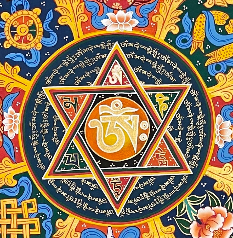 Mantra Mandala thangka, 77×77 cm: a mantra mandala with the eight auspicious symbols in lotus petals around a six-pointed star, on orange