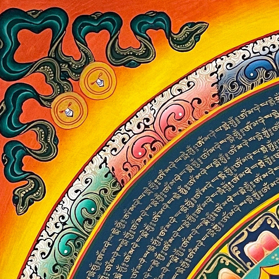 Mantra Mandala thangka, detail: top-left corner