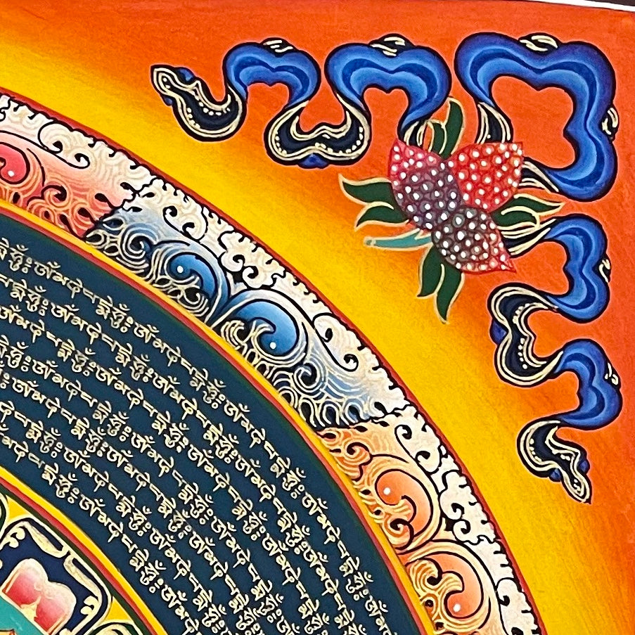 Mantra Mandala thangka, detail: top-right corner